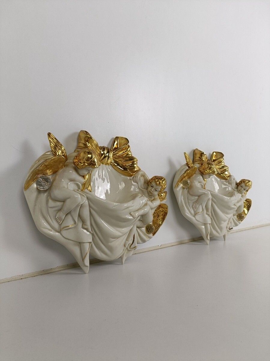 Pair Capodimonte Bedin Wall Hangings Planters Fonts Porcelain Italy Angels Gold photo 487.0