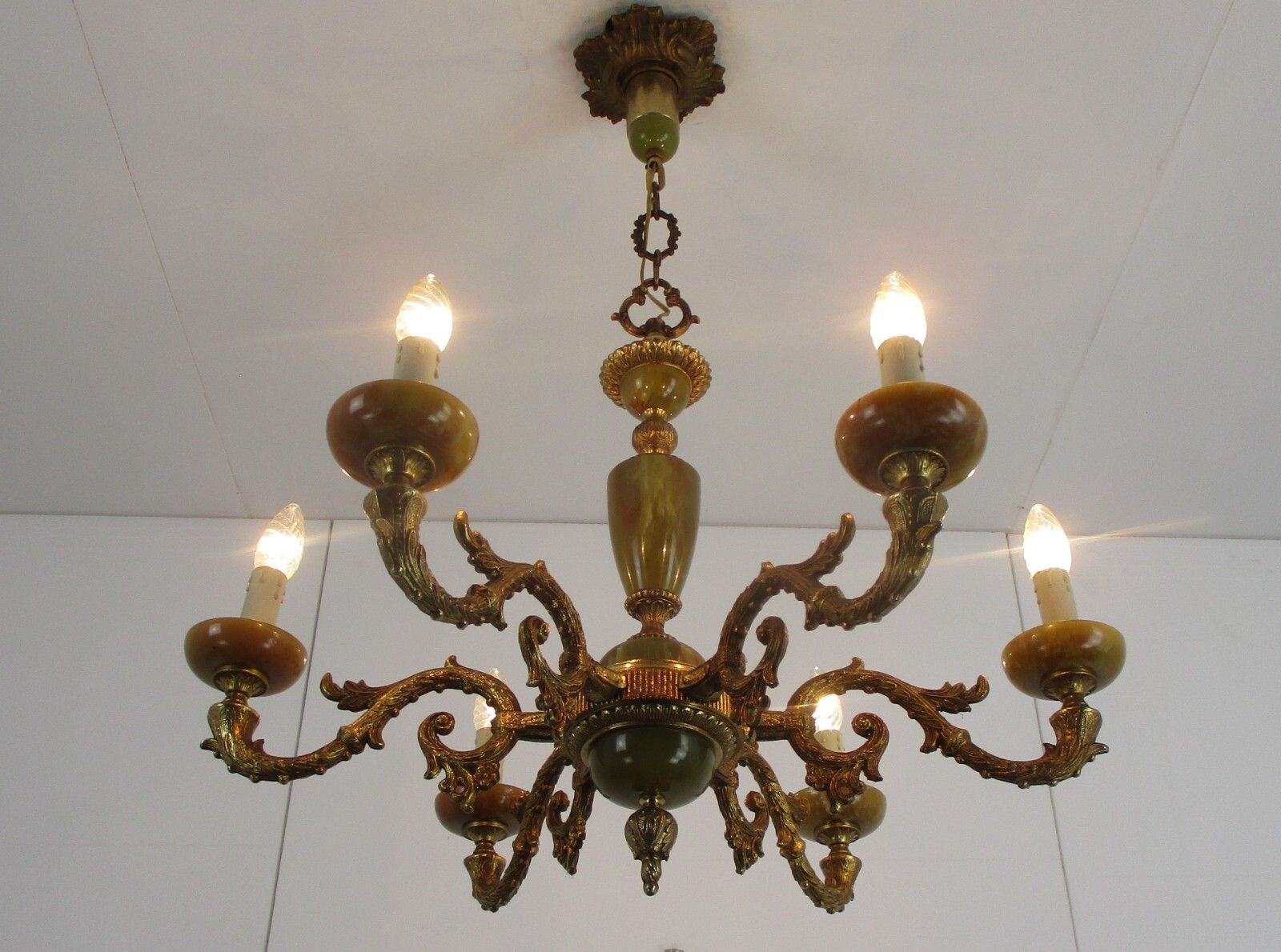 Chandelier 6 Arms Lights Hollywood Regency Brass Faux Marble Spider Chandelier photo furniture