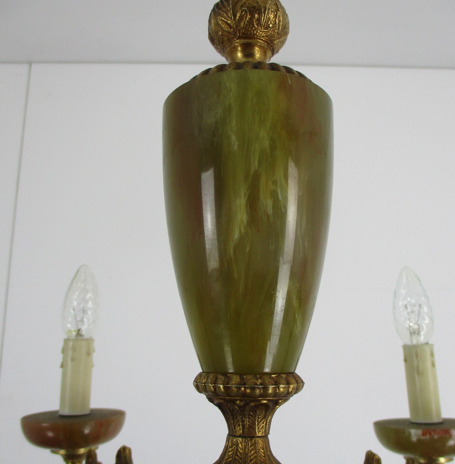 Chandelier 6 Arms Lights Hollywood Regency Brass Faux Marble Spider Chandelier photo vintage
