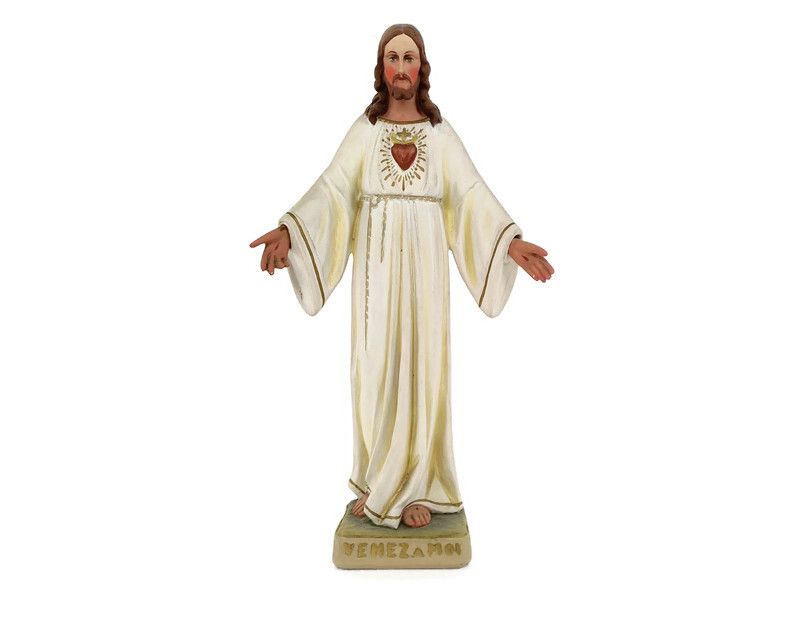 Large Statue Jesus Christ Sacred Heart Open Arms Polychrome French Venez Chez Mo