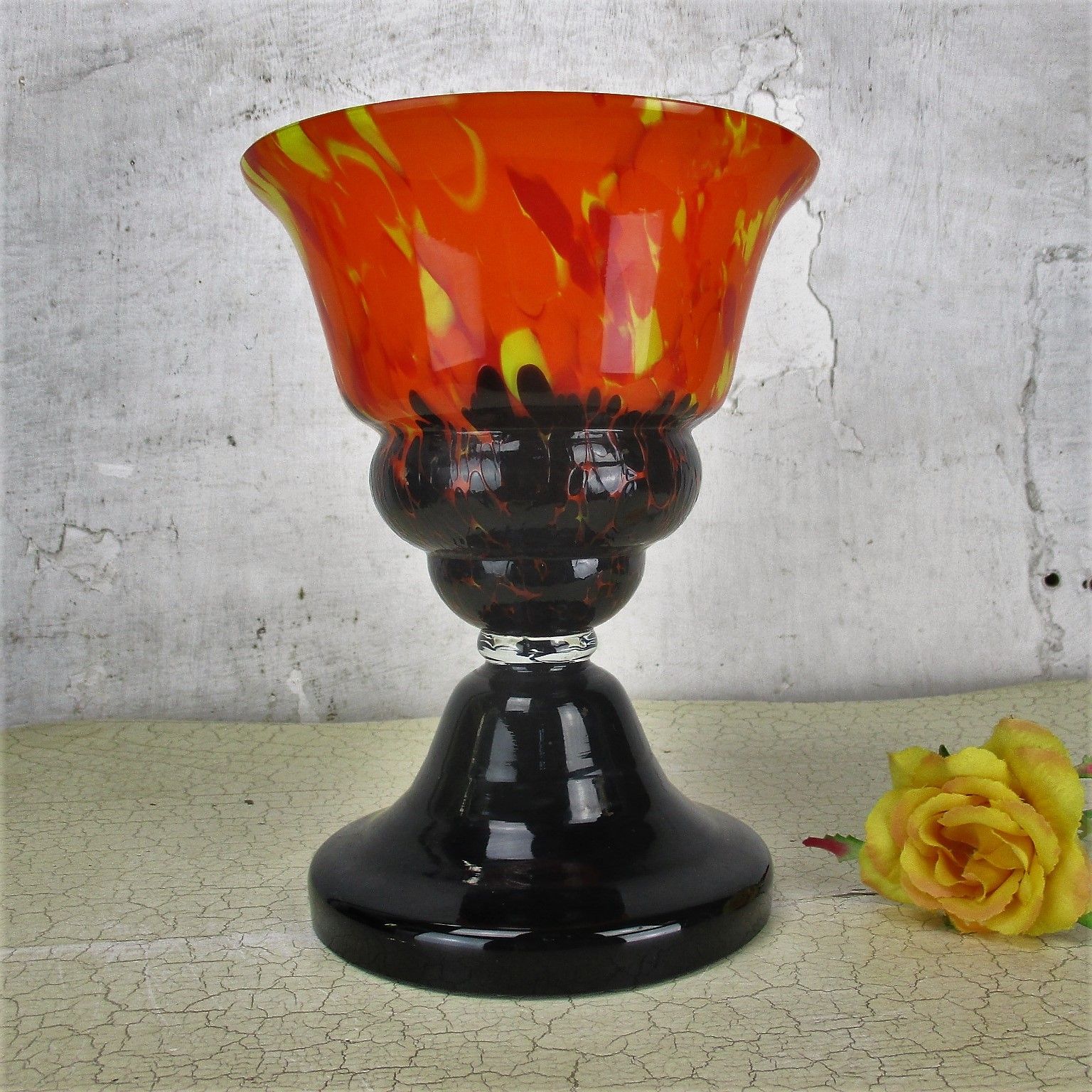 Vase Chalice Millefiori Art Glass Orange Yellow Black Base Funky 7.87" photo for sale