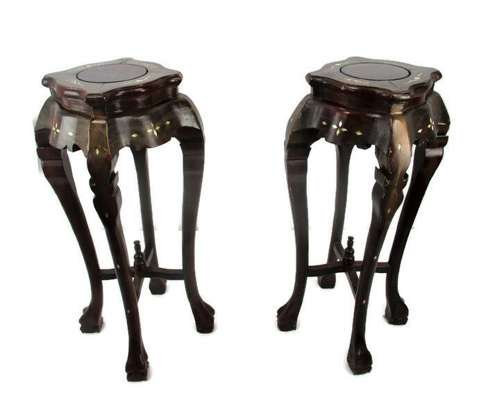 Pair Tall Carved Hard Wood Plant Bonsai Tables Pedestal  Inlay Mother Of Pearl