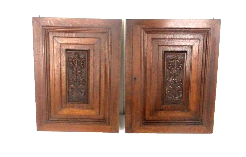 Pair Antique Hand Carved Oak Leafs Door Panels Architectural Salvaged Wow