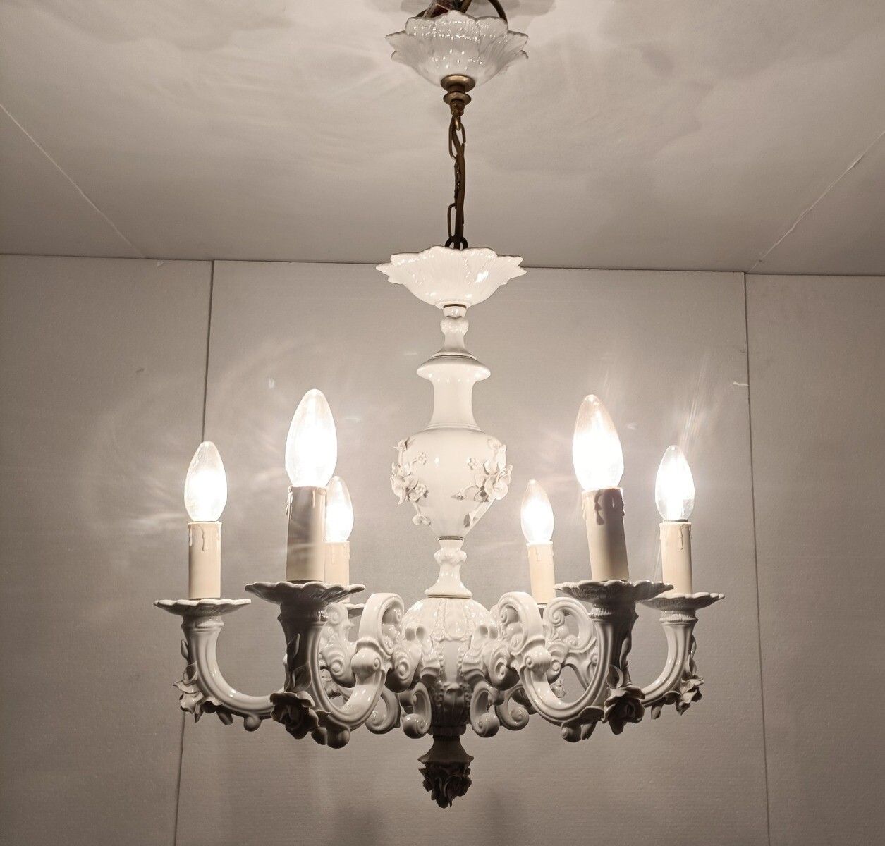 Capodimonte Porcelain Chandelier 6 Arm Lights, White, Marked, Very Special, Vint photo for sale