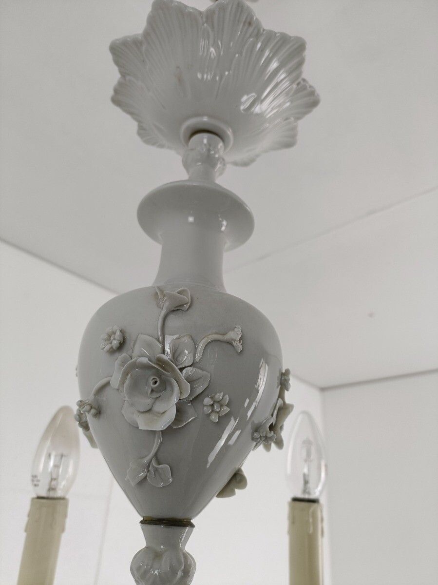 photo for sale Capodimonte Porcelain Chandelier 6 Arm Lights, White, Marked, Very Special, Vint