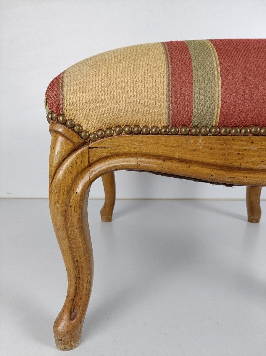 Large Antique  Footstool Foot Rest Wood Fabric  Ottoman Louis XV Style photo vinterior