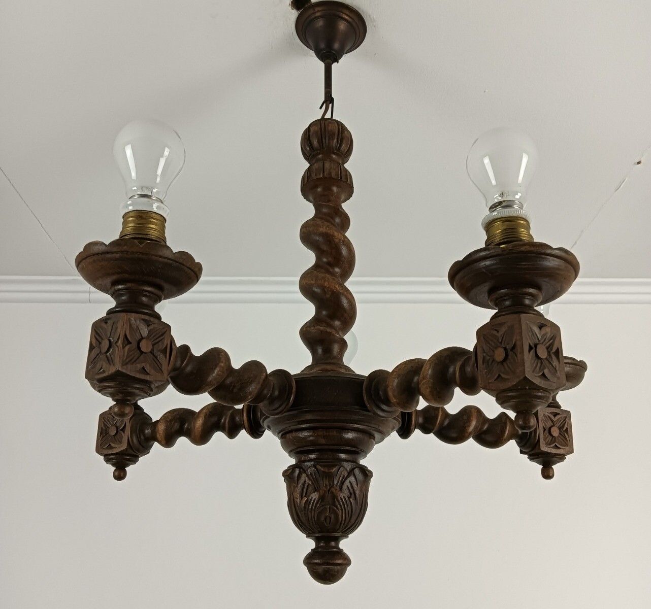 Barley Twist Wooden Wood Chandelier Ornate 5 Lights Small Vintage Barn Style photo Lighting