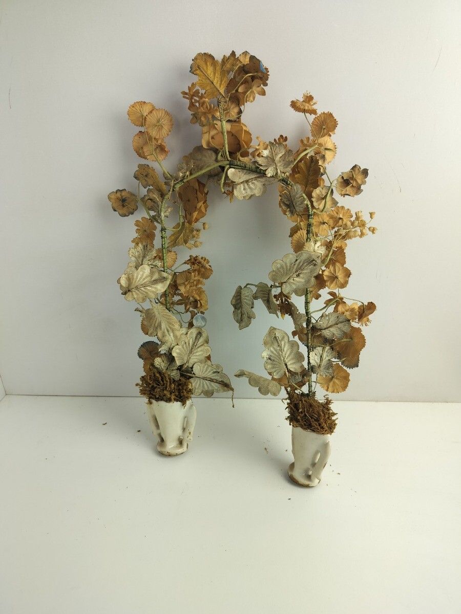 Couple Porcelain Fan Flair Vases Silk Flower Bridal Bouquet Vieux Paris Antique photo buy