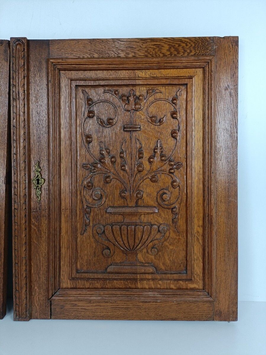 Pair Antique Hand Carved Wood Door Panels Reclaimed Architectural Salvaged Flowe photo 324.0