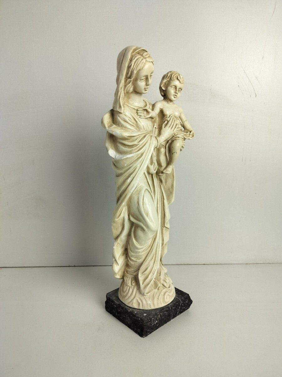 photo furniture Plaster Statue Madonna With Infant Jesus Virgin Mary On Granite Base Signed A.S.