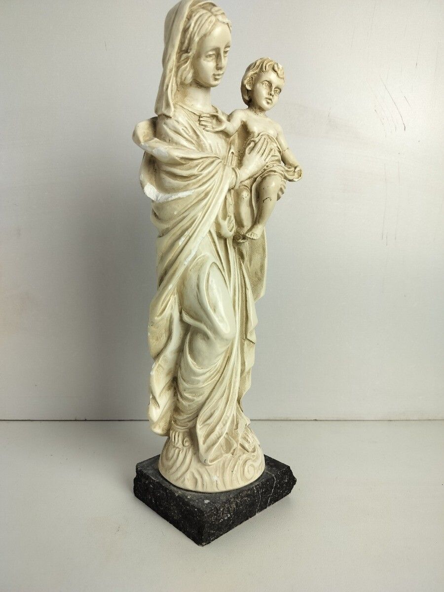 photo for sale Plaster Statue Madonna With Infant Jesus Virgin Mary On Granite Base Signed A.S.