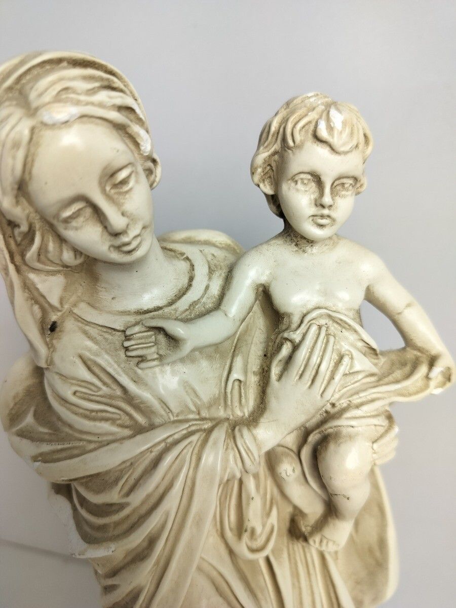 Art Plaster Statue Madonna With Infant Jesus Virgin Mary On Granite Base Signed A.S. photo
