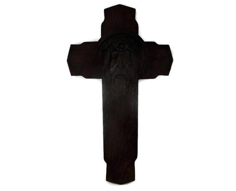 Large Hand Carved Wood Art Jesus Christ Head Of Thorns Sculpture Crucifix Oak Go