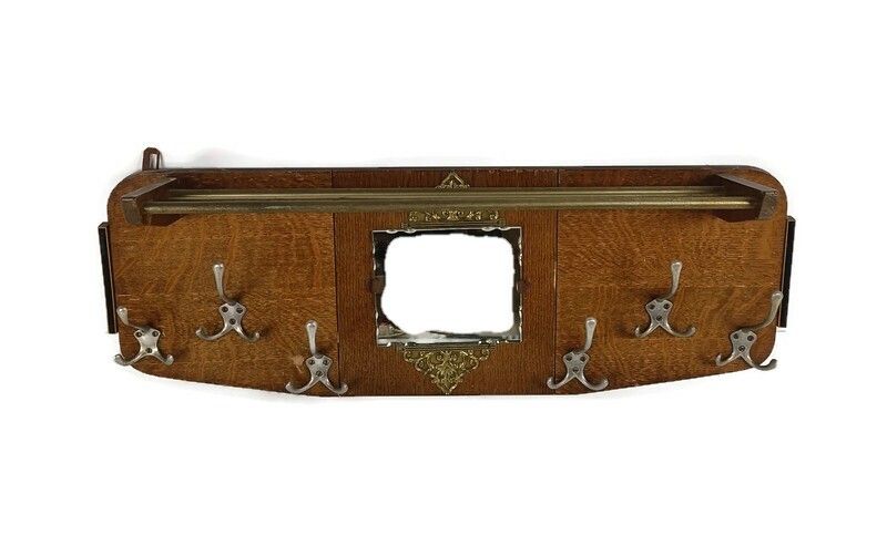 Modernist Wall Coat Hat Rack Cut Glass Mirror Lovely Brass Trims Hallway Vintage