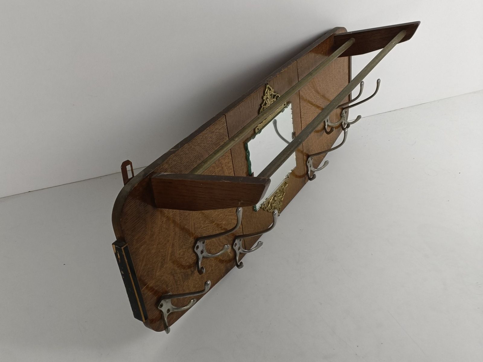 Modernist Wall Coat Hat Rack Cut Glass Mirror Lovely Brass Trims Hallway Vintage photo vinterior