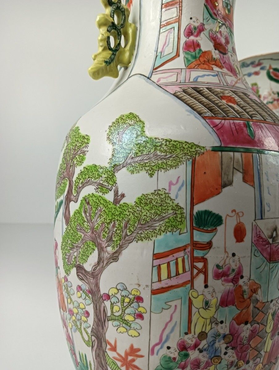 Hand Painted Family Rose Chinese Vase 100 Lucky Boys Vintage Antique 1930s Pair photo for sale