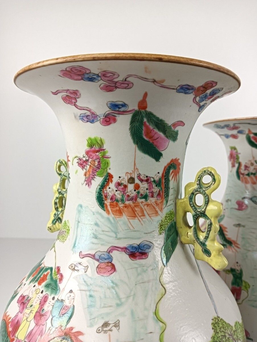 Hand Painted Family Rose Chinese Vase 100 Lucky Boys Vintage Antique 1930s Pair photo 526.0