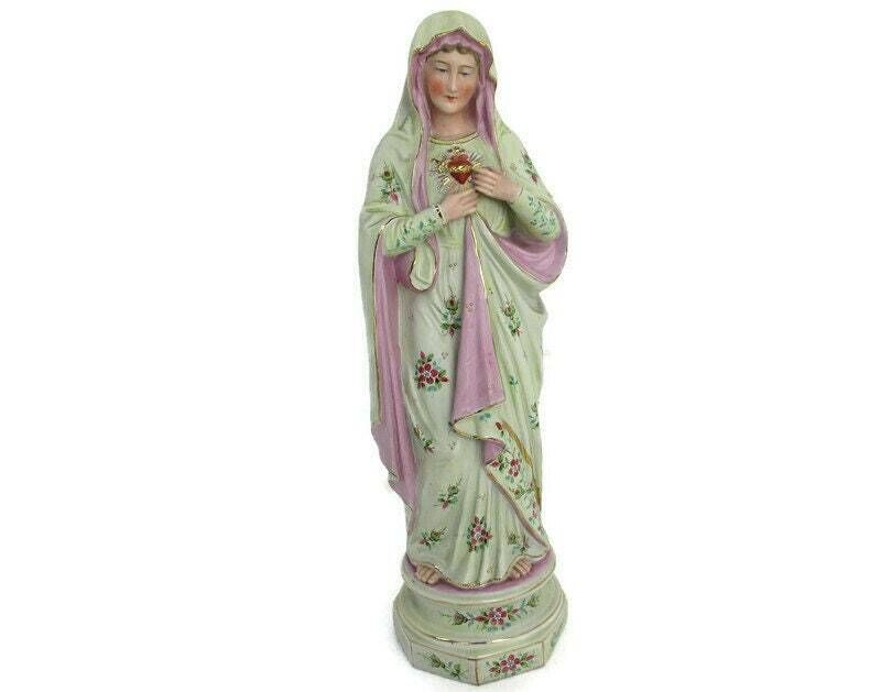 Antique Porcelain Bisque Statue Virgin Mary Our Lady Madonna Holy Heart Gorgeous