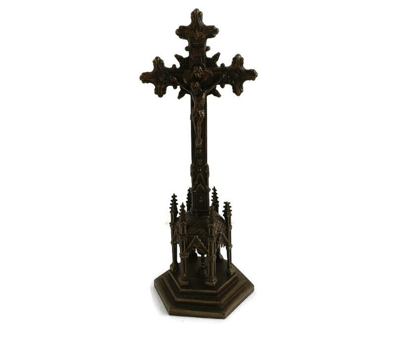 Ornate Spelter Faux Brass Chalice Standing Crucifix Towers Cross Chalice Very Sp