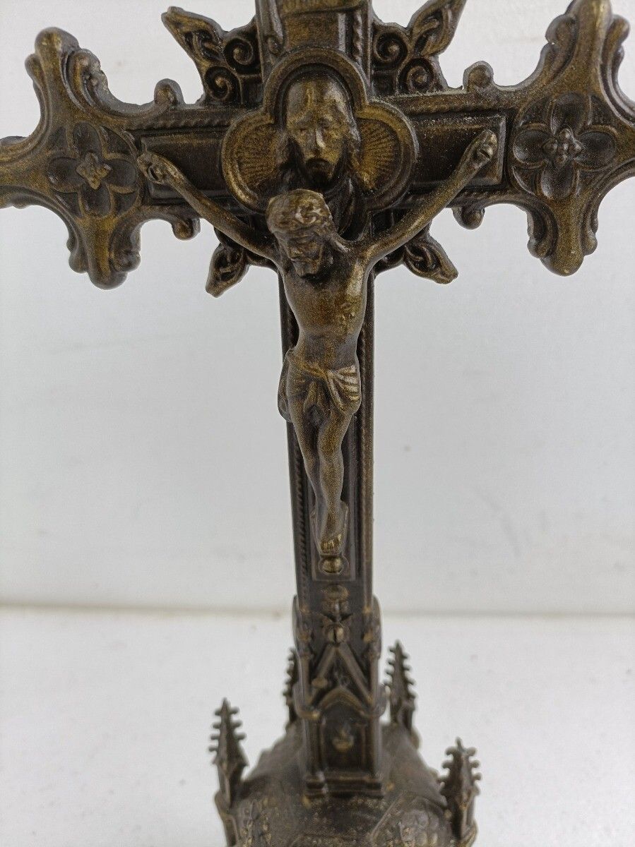 Ornate Spelter Faux Brass Chalice Standing Crucifix Towers Cross Chalice Very Sp photo for sale