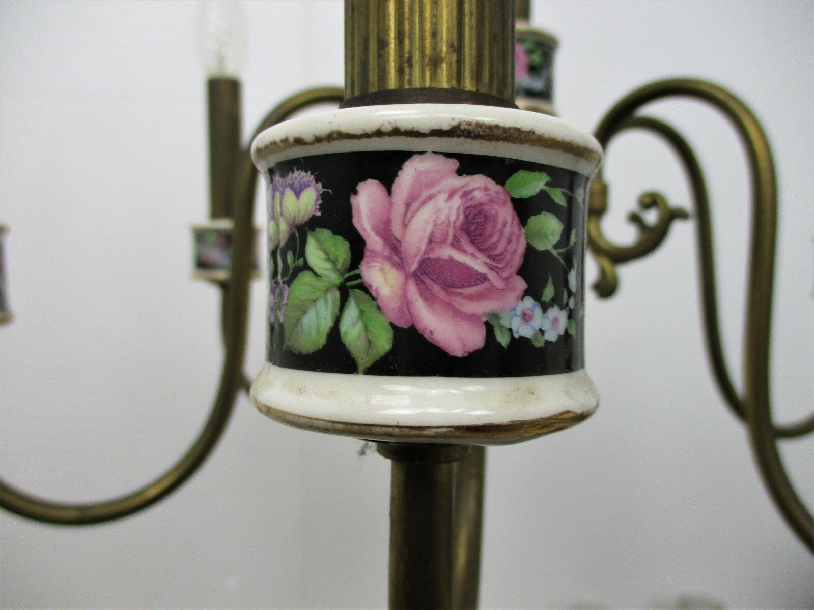 Romantic Chandelier Pendant 6 Arm Lights Brass Porcelain Flowers Mid Century photo 260.0