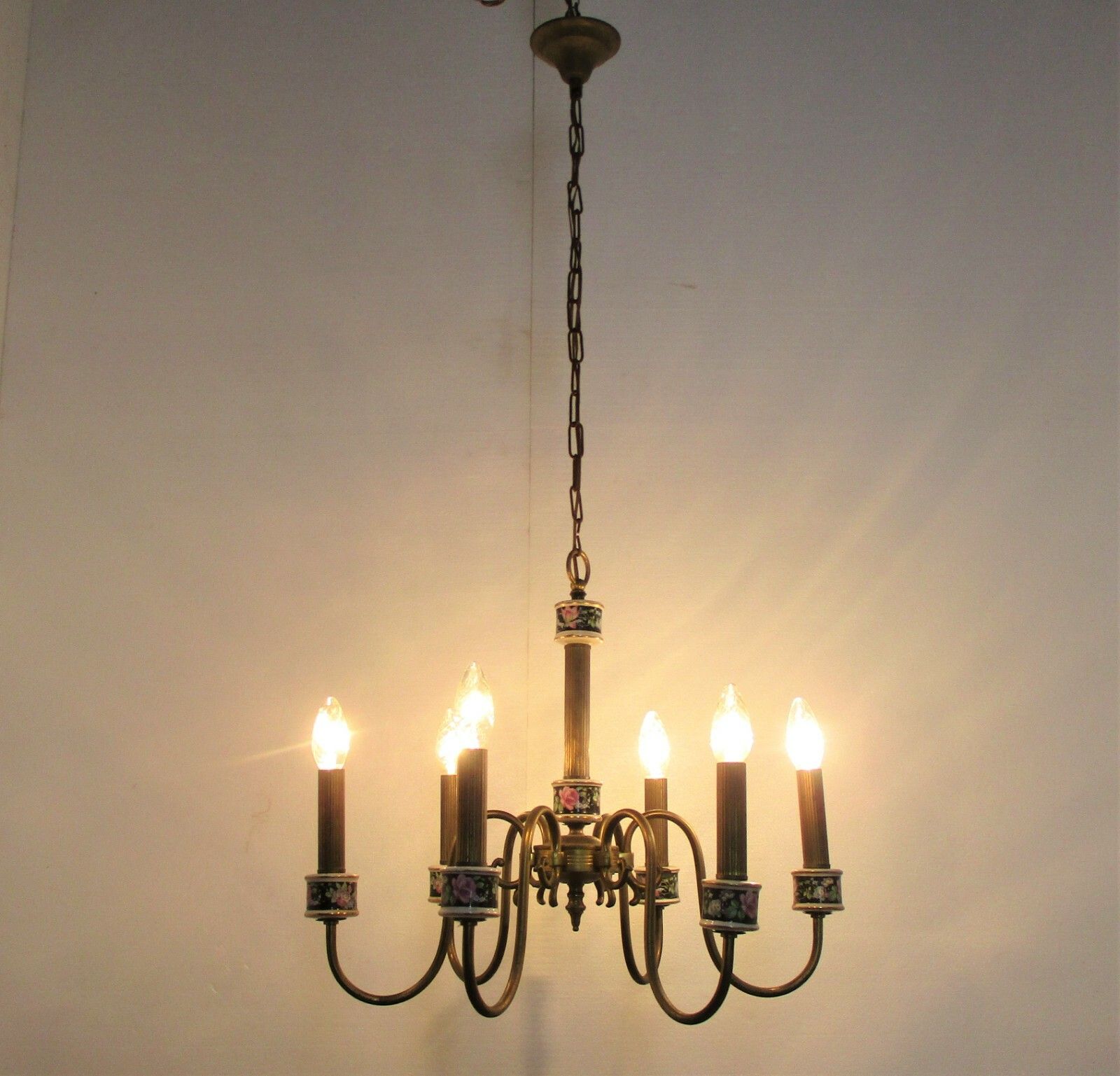 Romantic Chandelier Pendant 6 Arm Lights Brass Porcelain Flowers Mid Century photo buy
