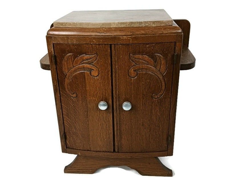 Art Deco Antique Nightstand End Table Wood Marble Top Cabinet Stylish Barn Style