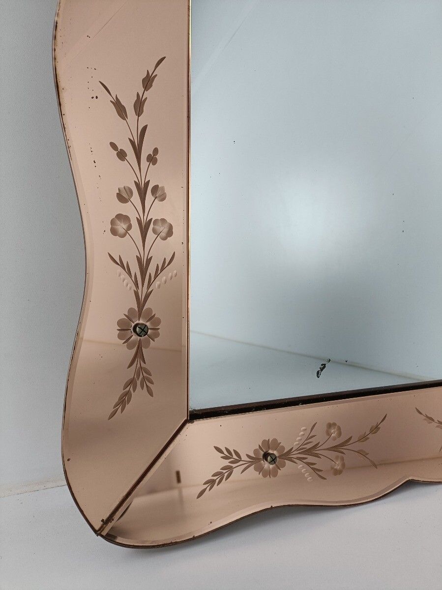 Large Art Deco Nouveau Wall Hanging Ornate Mirror Pink Clear Etched Glass Vanity photo furniture