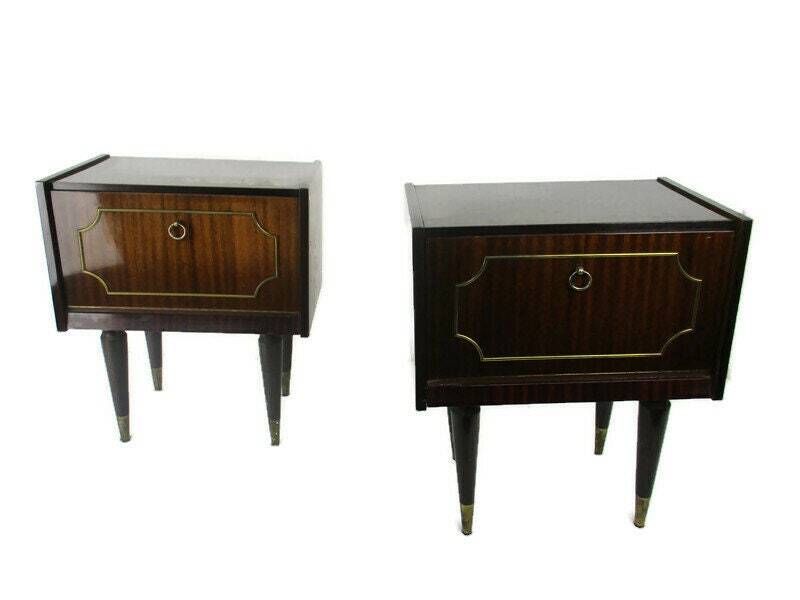 Pair Couple Double Vintage Nightstands End Tables Mid Century Modern Wood Retro