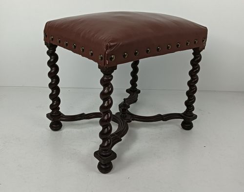 photo for sale Antique Footstool Ottoman Barley Twist Wood Foot Rest 20th Century Hobnails Gorg