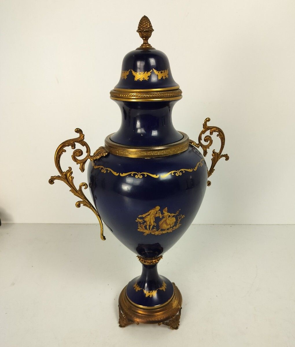 Large  Vase Centerpiece Lidded Urn Cobalt Blue Porcelain Modernist Sèvres Style photo buy
