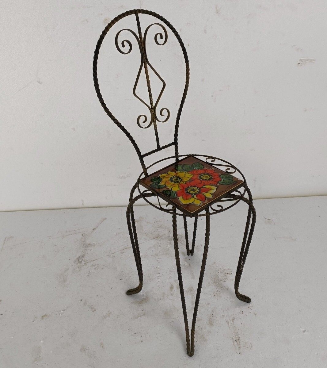 Side  Table Plant Stand Ceramic Tile Vallauris  Wrought Iron Legs Lovely Vintage photo vinterior