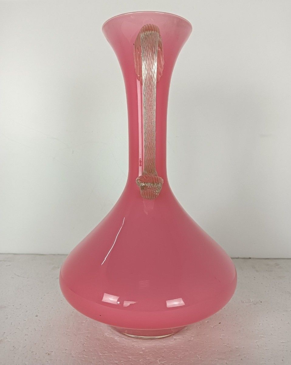 Itallian Pink White Opaline Cased Glass Ewer Pitcher Vintage Jar Vase Art Glass photo vintage