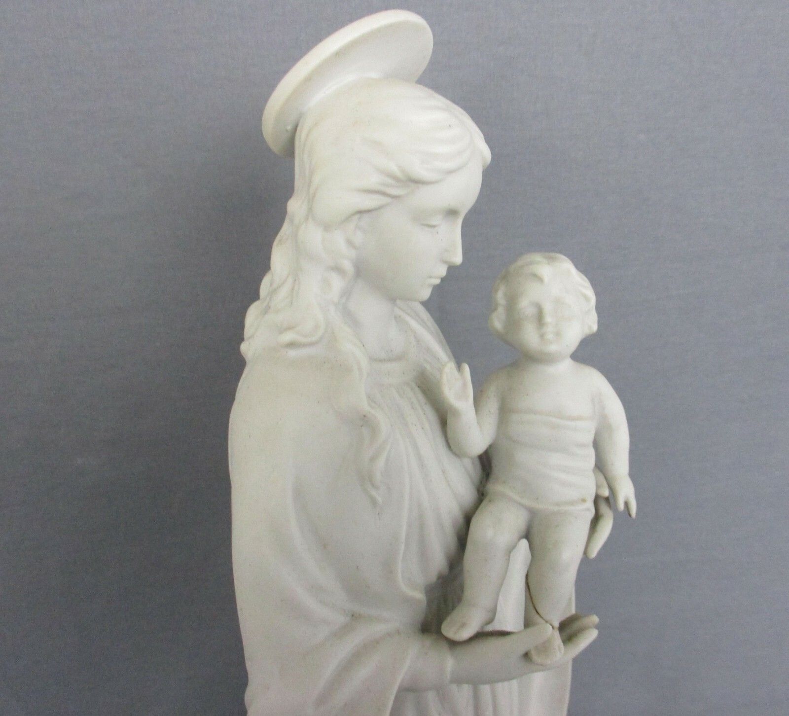 French Antique 1900 Bisque Statue Virgin Mary Our Lady Madonna Infant Jesus 14.9 photo 353.0