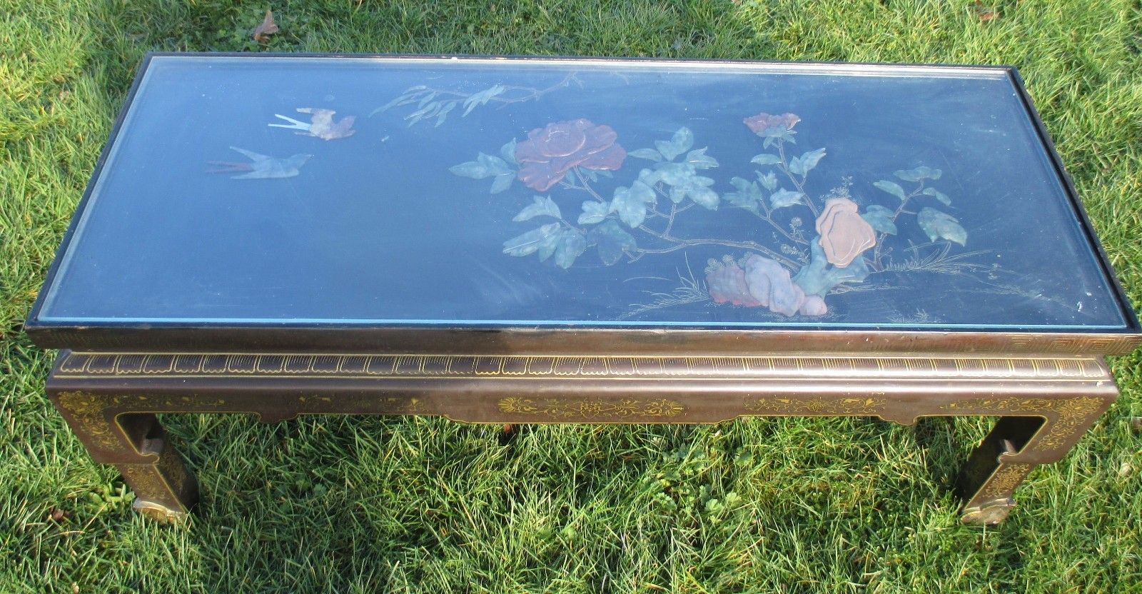 Antique 19th Century Chinese Coffee Table Inlay Jade Landscape Scene Stunning
