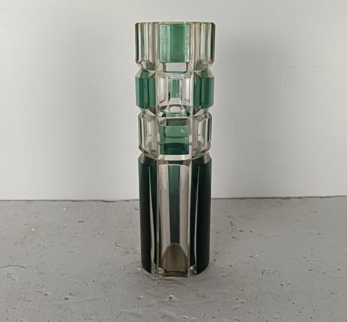 Val St Lambert Marked  Etched Glass Crystal Clear Green  Vase Vintage  Belgium