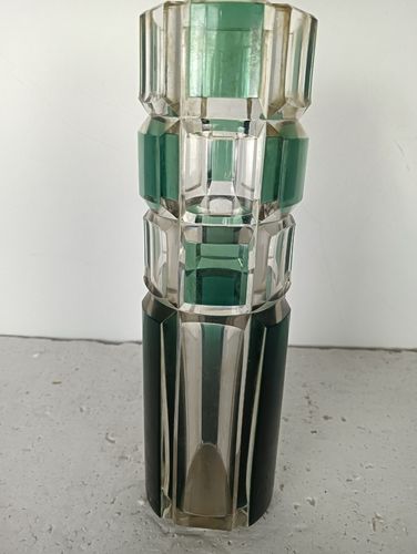 Val St Lambert Marked  Etched Glass Crystal Clear Green  Vase Vintage  Belgium photo furniture