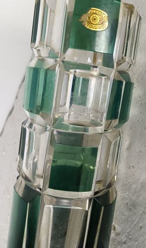 Val St Lambert Marked  Etched Glass Crystal Clear Green  Vase Vintage  Belgium photo vinterior