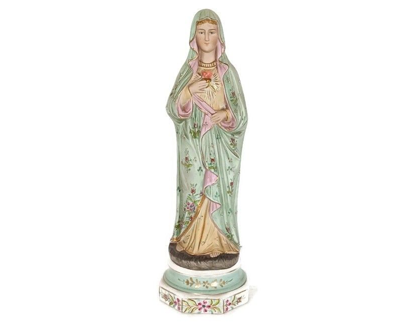 Antique Bisque Statue Virgin Mary Lady Madonna With Infant Jesus Gorgeous  Polyc