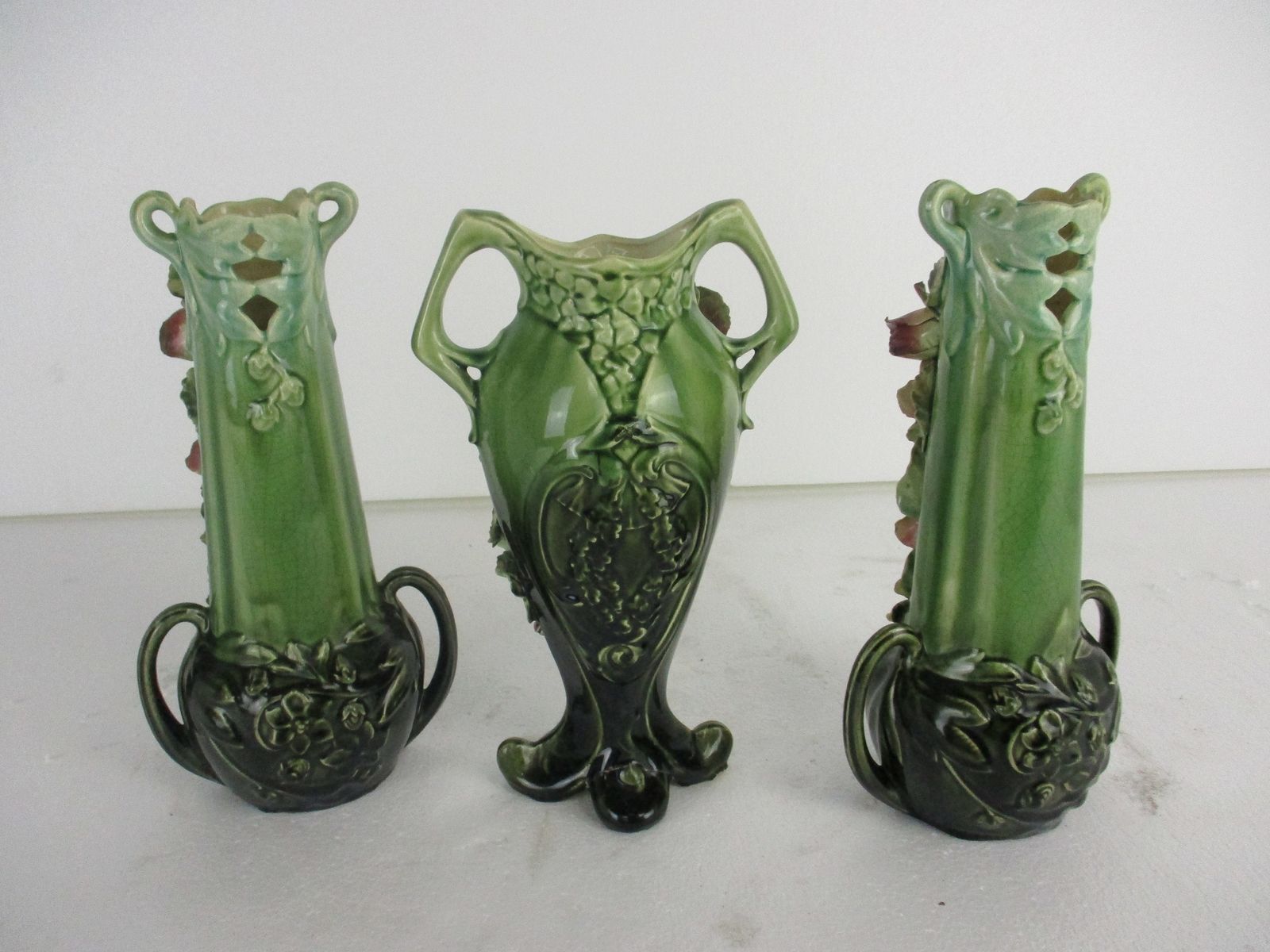 Set Of 3 French Barbotine Majolica Vases Planters Centerpiece Pitchers Art Nouve photo buy