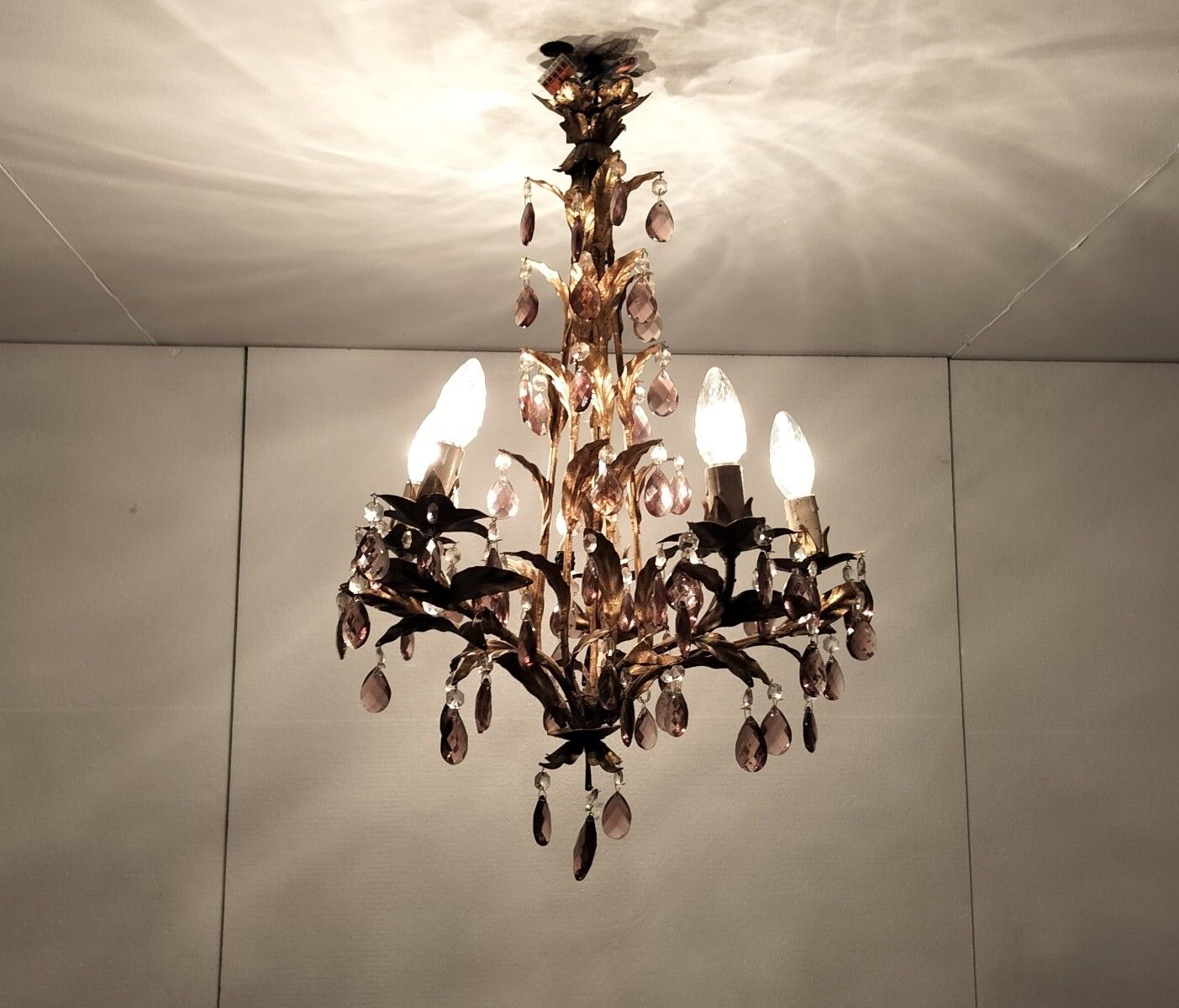 Gold Gilded Florentine Italian Hollywood Regency Chandelier Ambered  Crystals 5 photo furniture