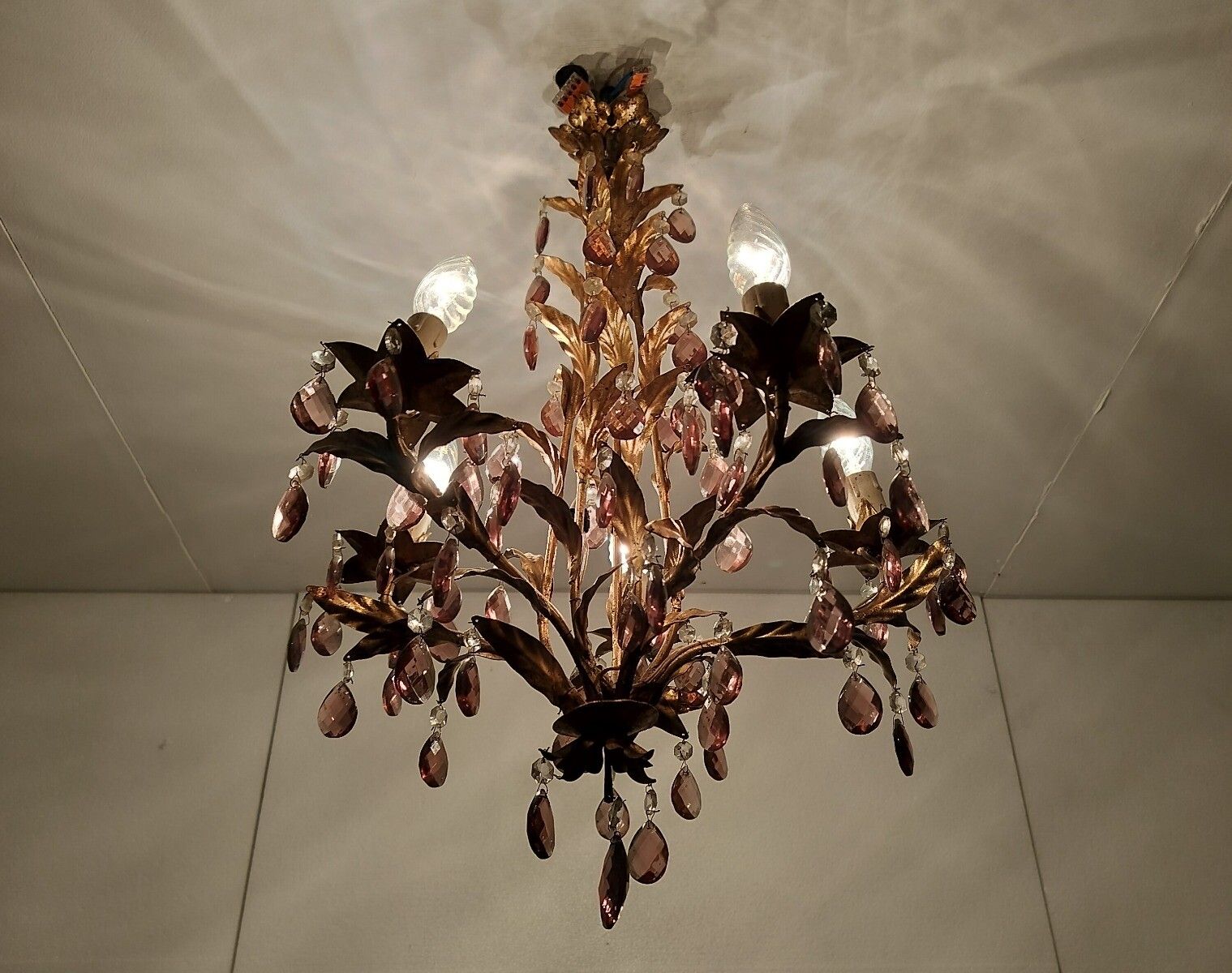 Gold Gilded Florentine Italian Hollywood Regency Chandelier Ambered  Crystals 5 photo for sale