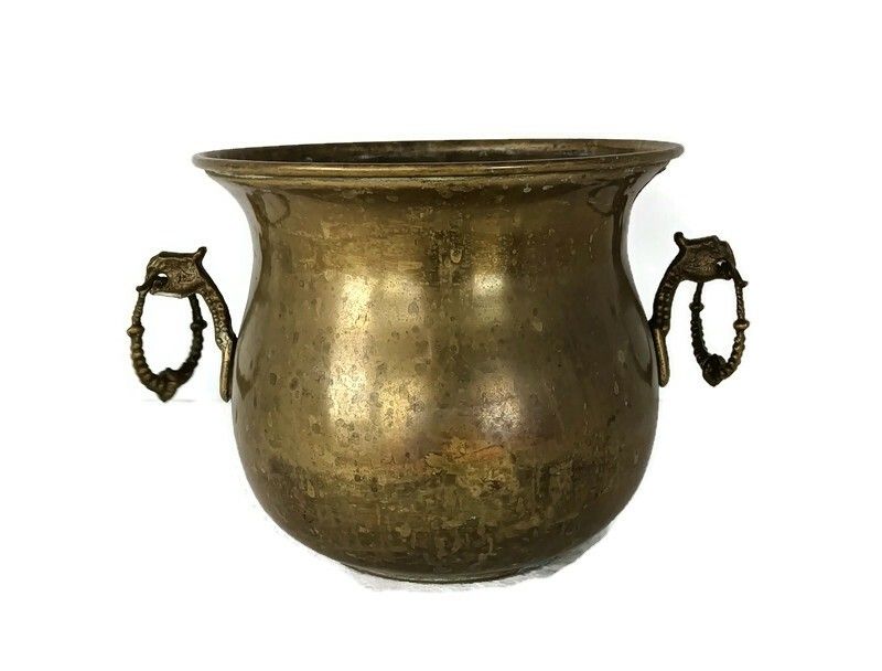 Gothic  Planter Cachepot Vintage Brass Kettle Decorative Dragon Handles Hammered
