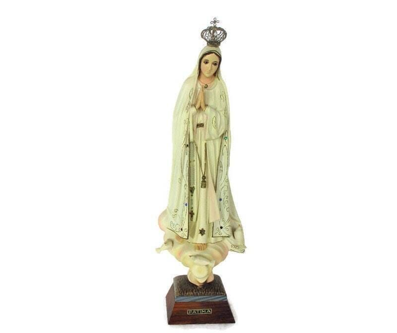Vintage Our Lady Fatima Resine Statue Glass Eyes Portugal Authentic 18.89"