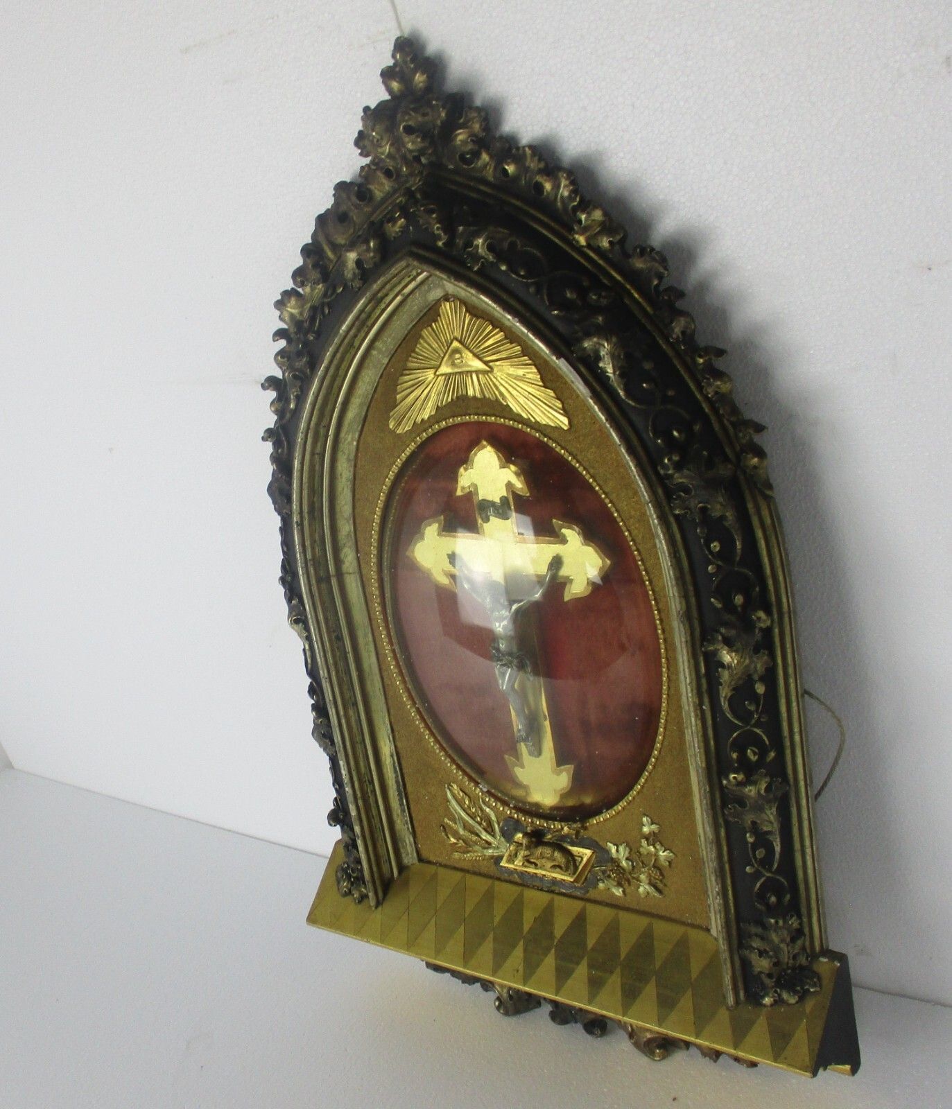 Antique Ornate Frame  Convex Glass Dome Crucifixion Lamb Of God Plaster Wood Wow photo buy