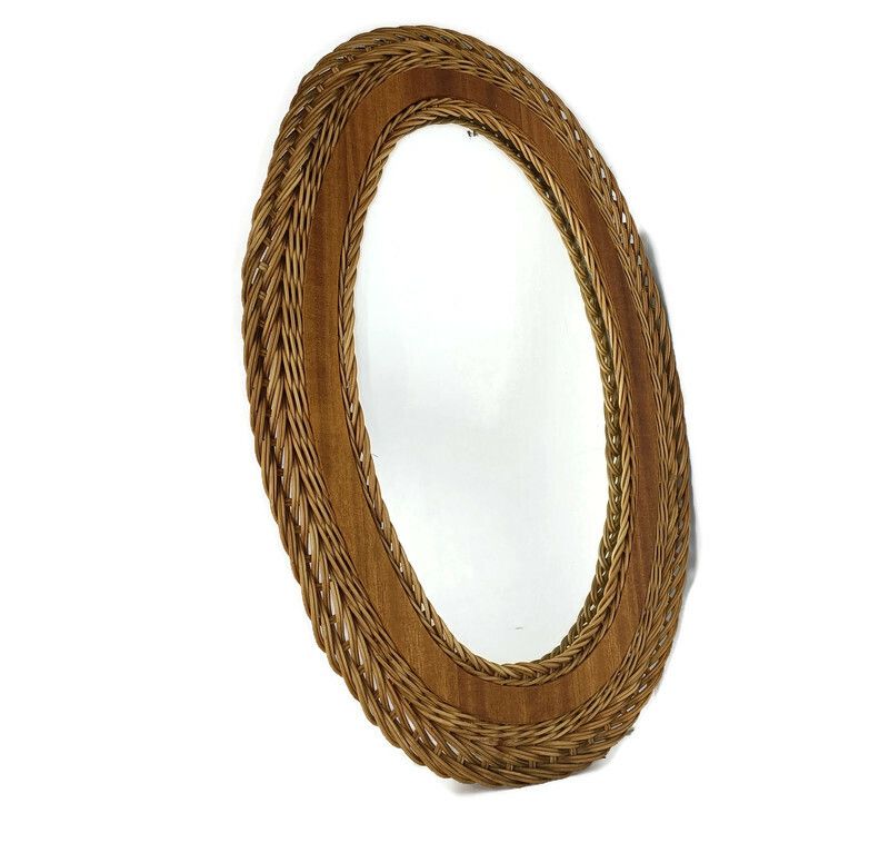 Vintage Mirror Rattan Teak  Frame French Modernist Scandinavian Japandi Style