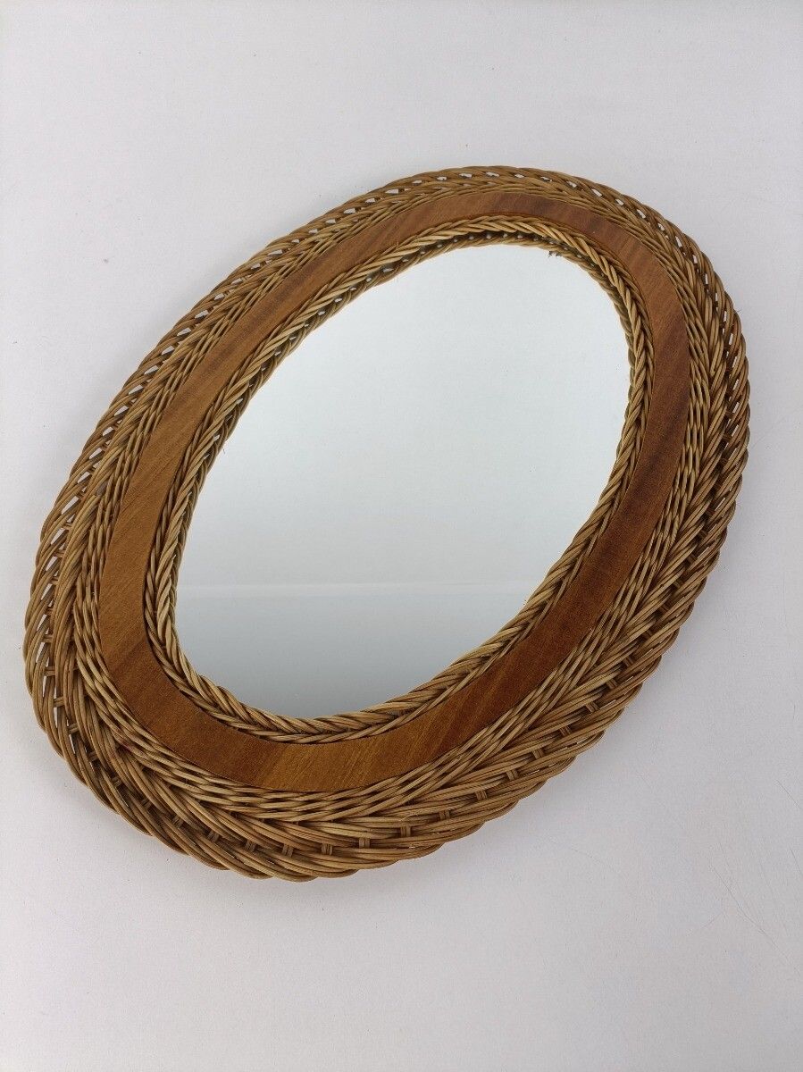Vintage Mirror Rattan Teak  Frame French Modernist Scandinavian Japandi Style photo 384.0