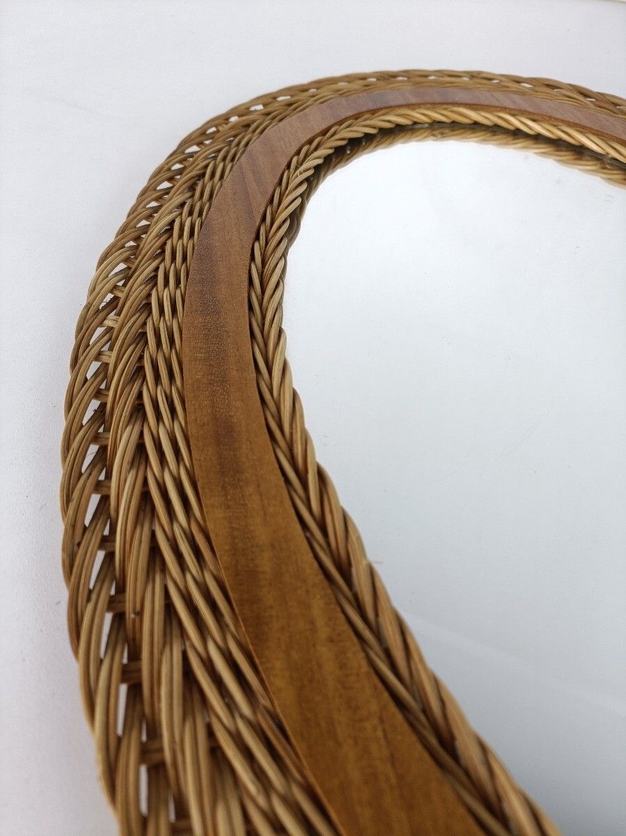 Vintage Mirror Rattan Teak  Frame French Modernist Scandinavian Japandi Style photo vintage
