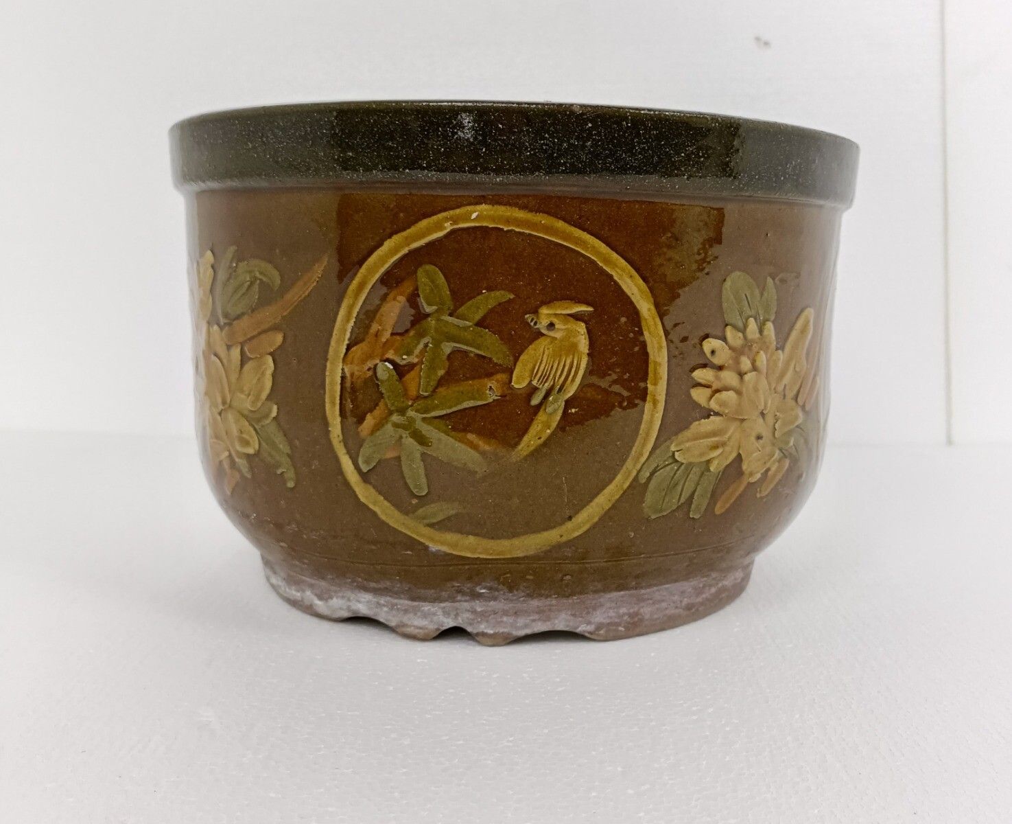 Xl Planter Cache Pot French Pottery Faience Hunter Scenes Deer Bird Gorgeous photo furniture