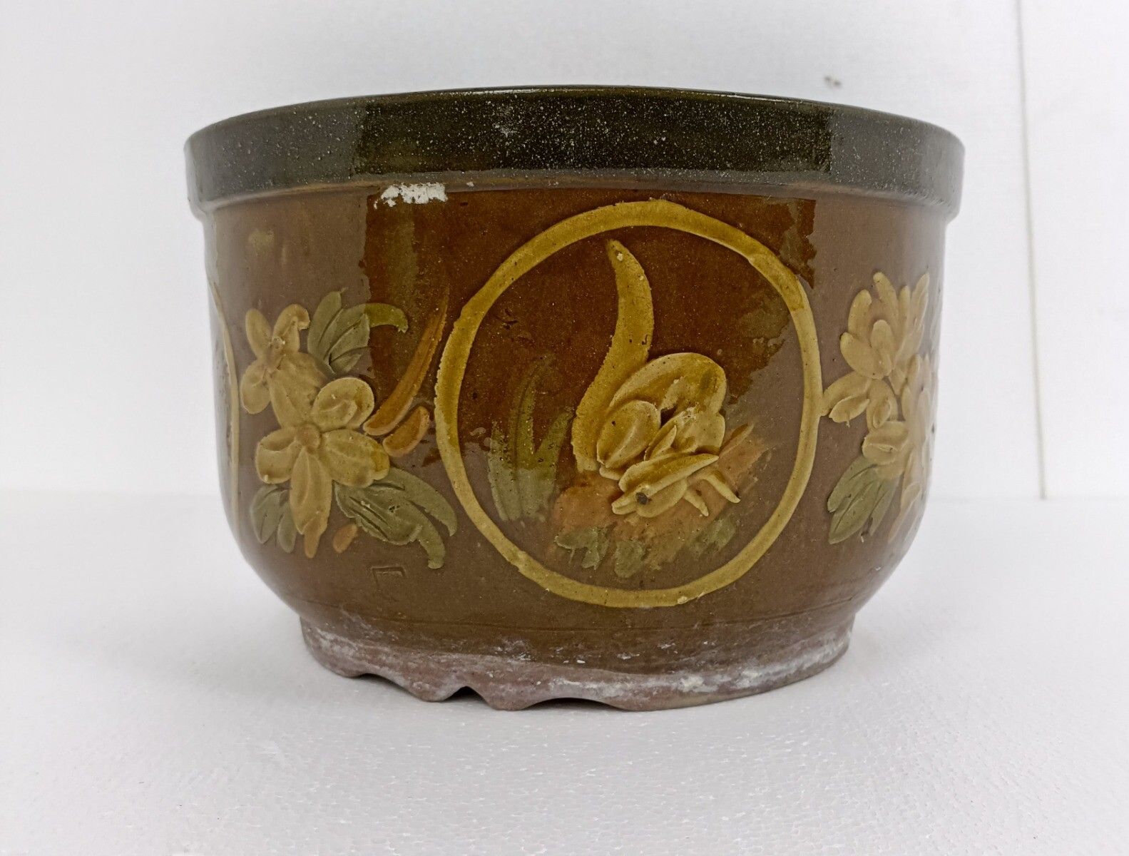 Xl Planter Cache Pot French Pottery Faience Hunter Scenes Deer Bird Gorgeous photo Home Decor